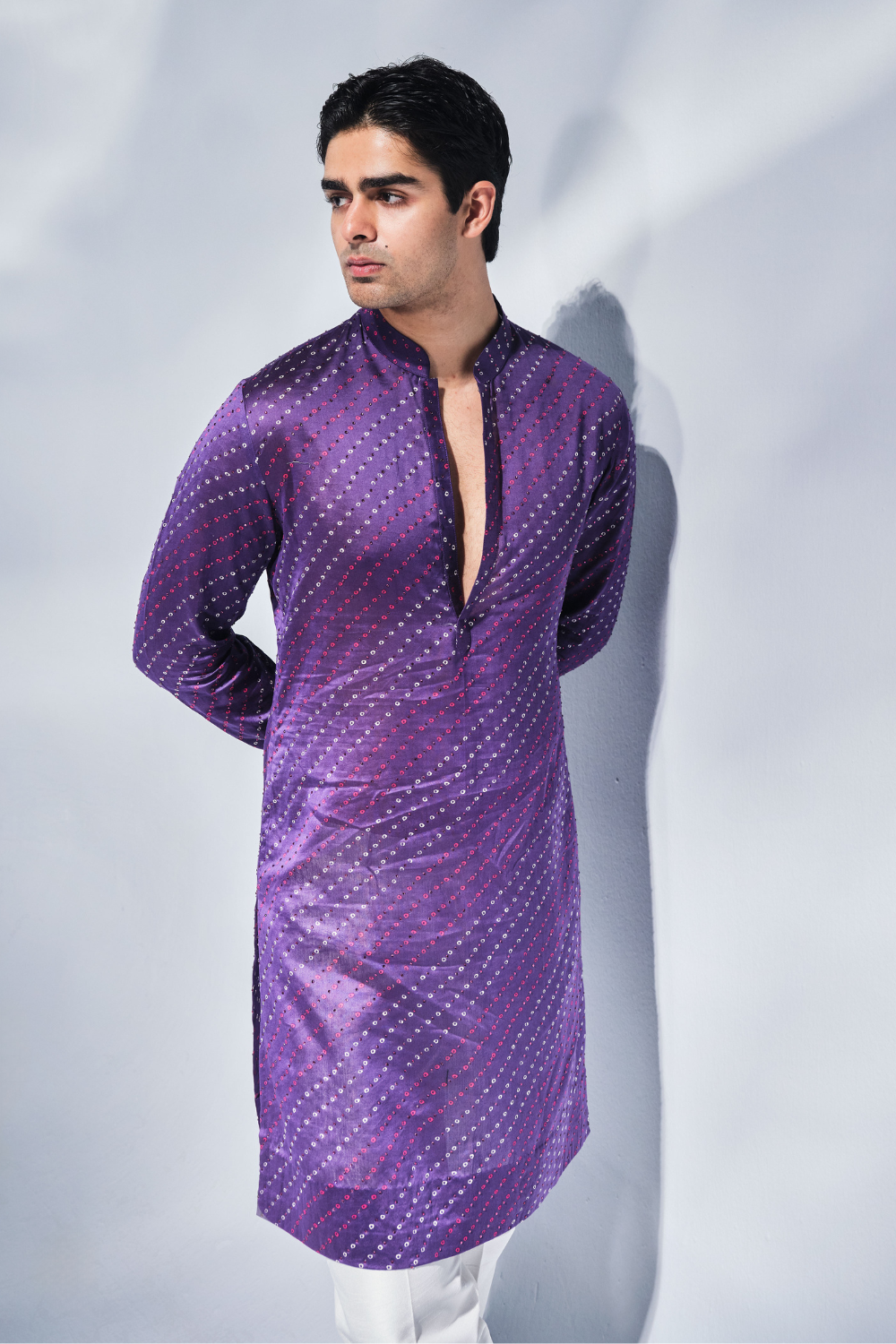 Purple bandhani kurta with swarovski work