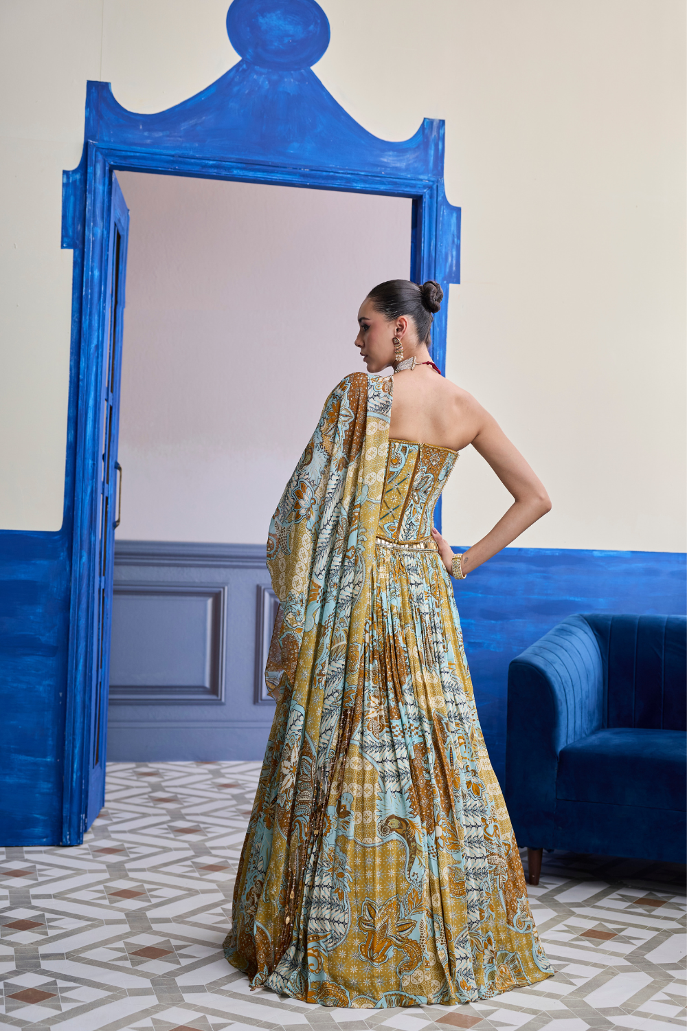 Yellow Floral Corset with Printed Lehenga & Tassel Dupatta Set