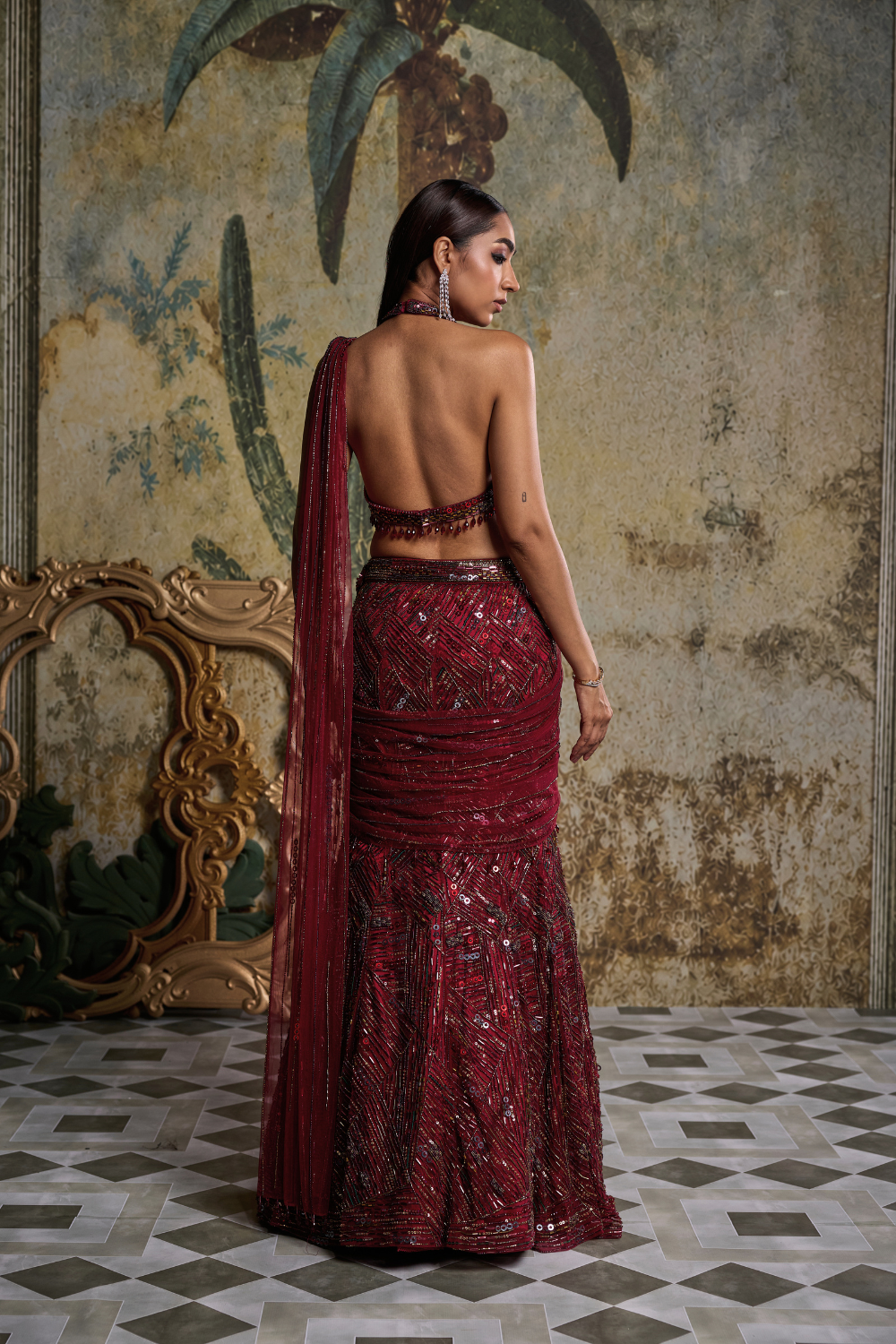 Maroon Abstract Embellished Saree Set