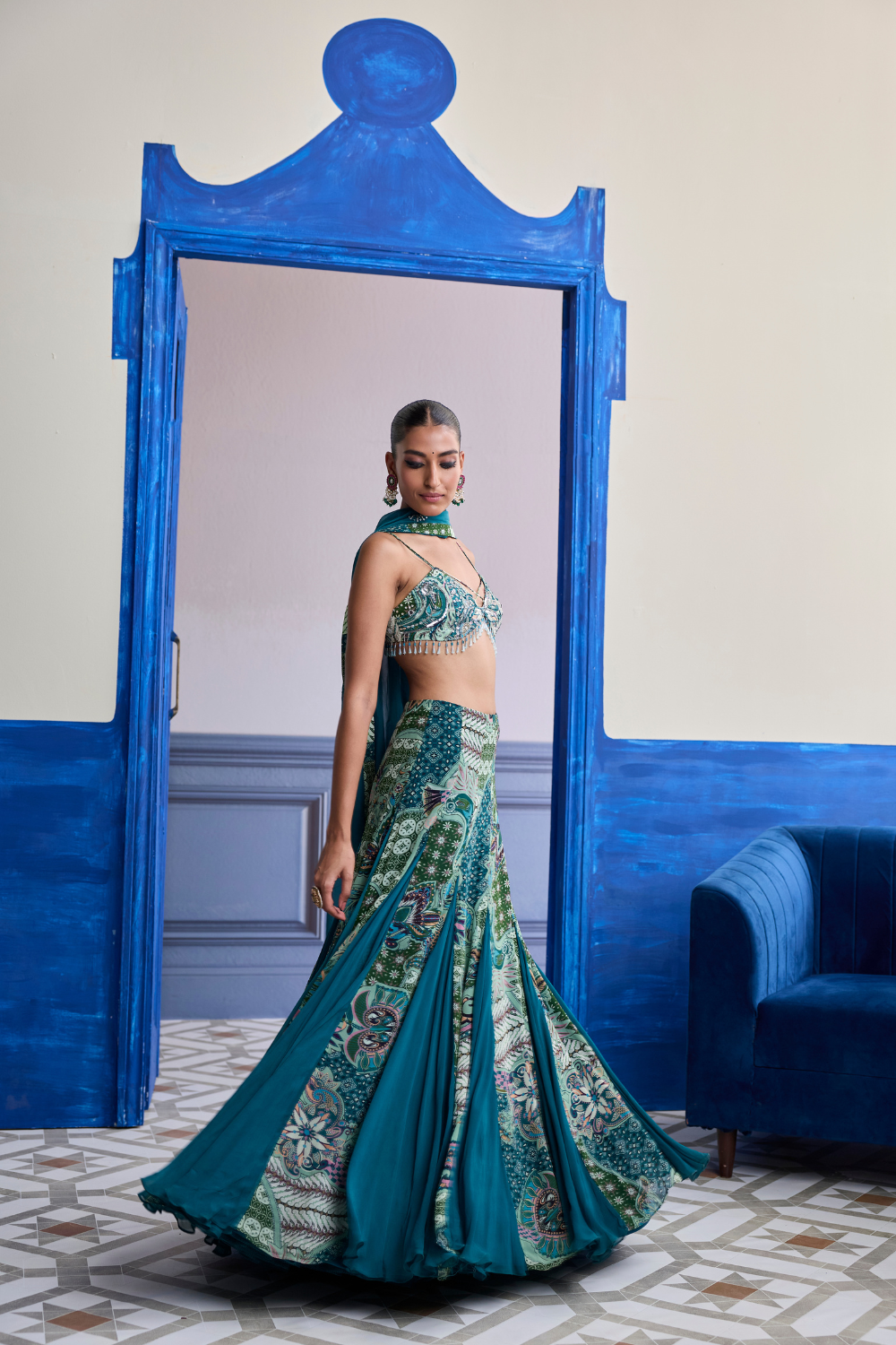 Green Floral Blouse with Godet Skirt & Embroidered Dupatta Set