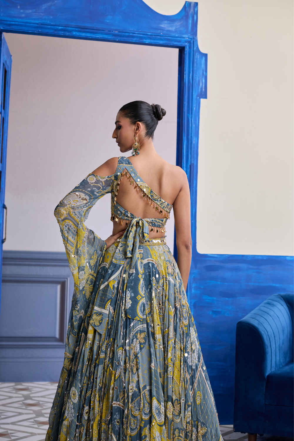 Grey Mosaic One-Shoulder Blouse with Flared Sleeves & Lehenga Set