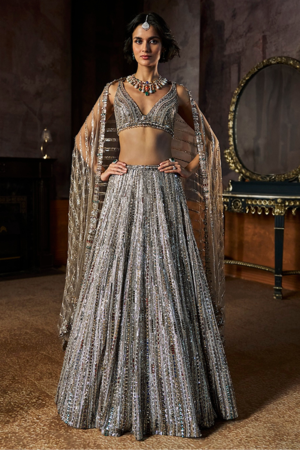 Charcoal Multi-Coloured Crystal Lehenga Set