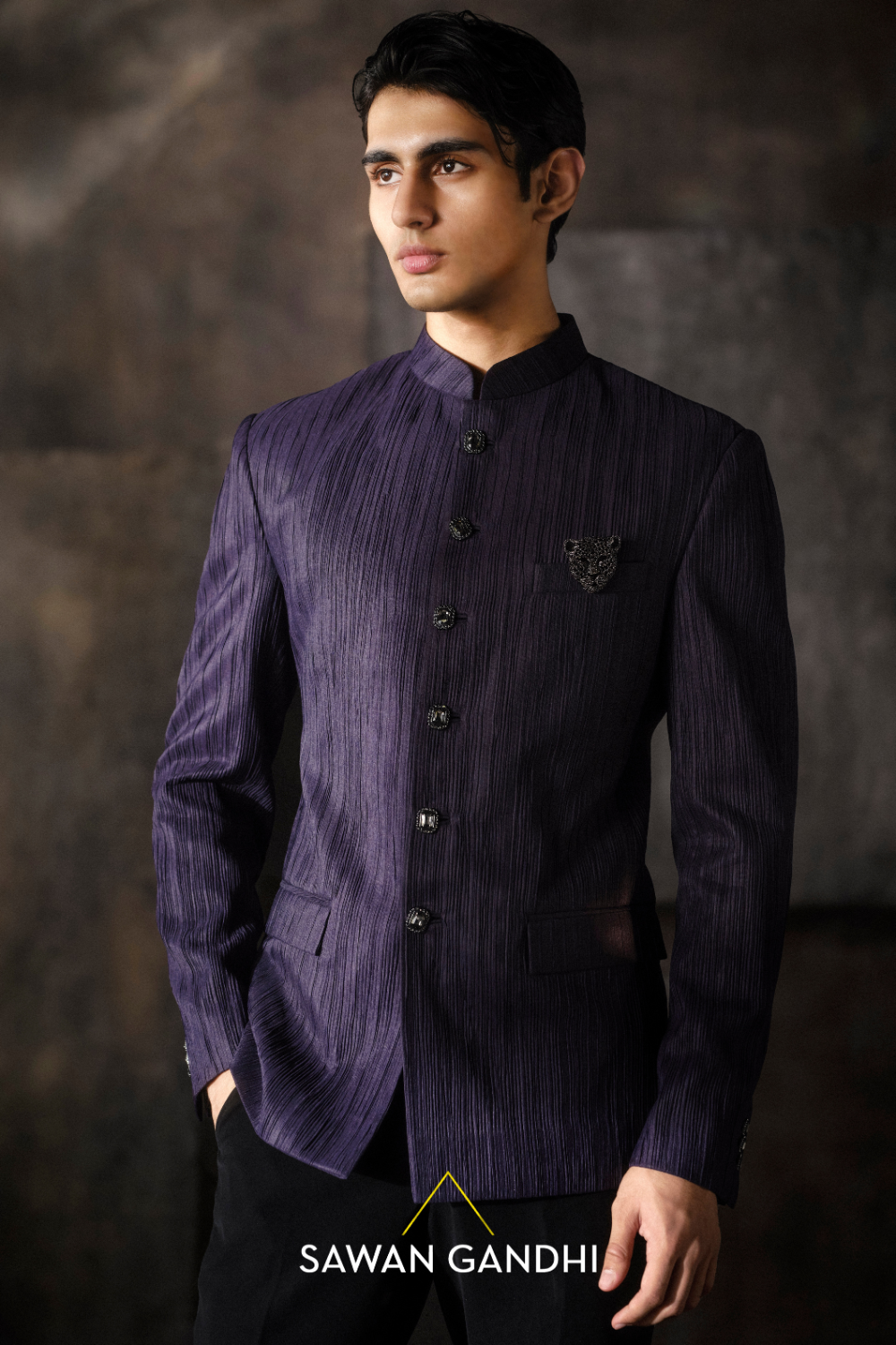 Ruched wine bandhgala