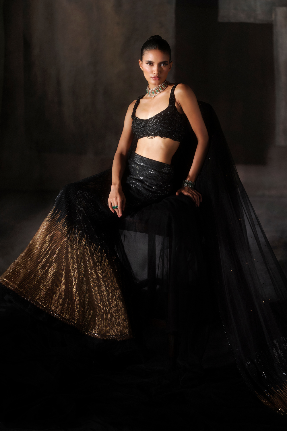 Black to gold sequins lehenga