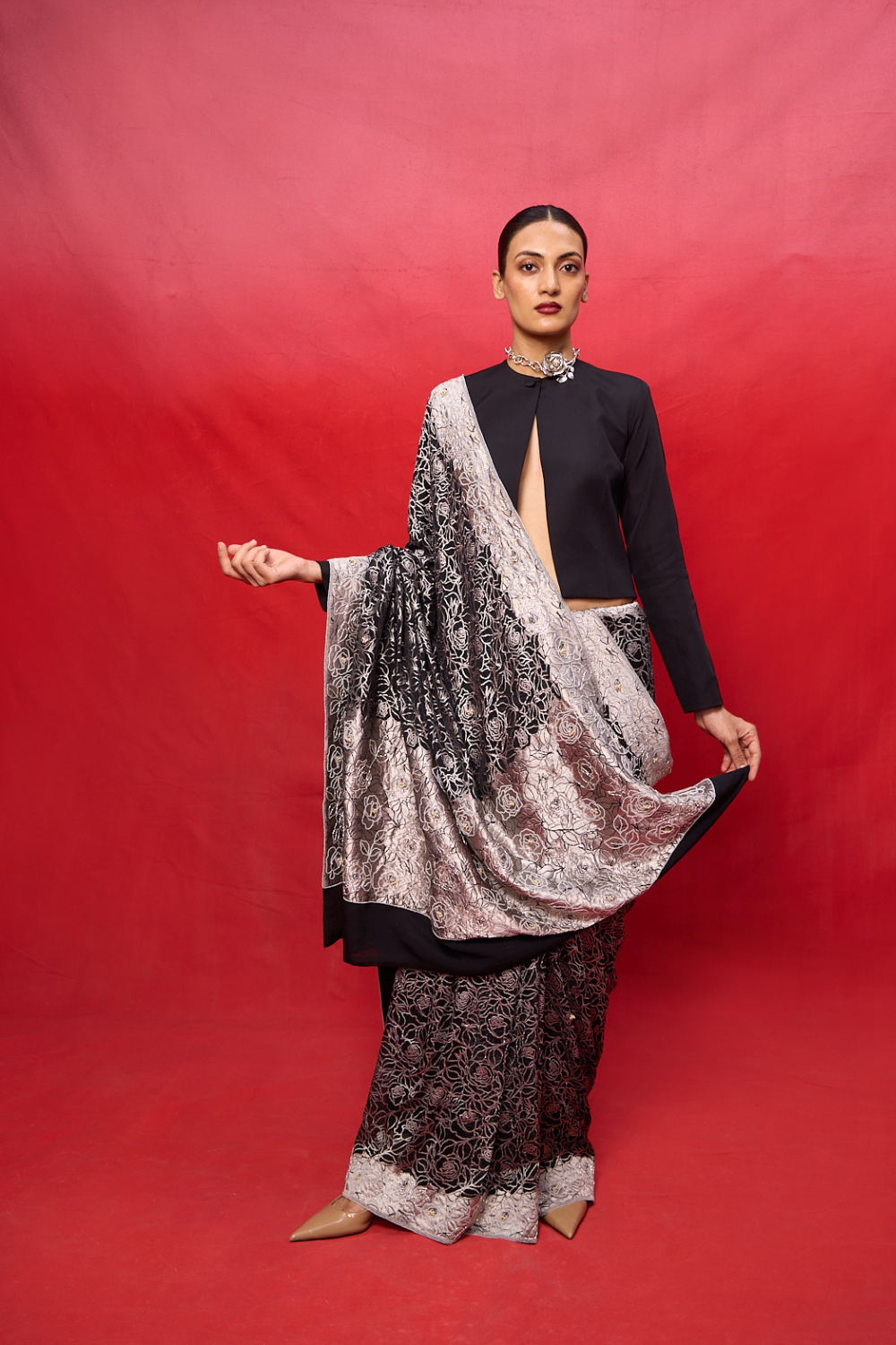 Handwoven Black Chiffon Embossed Saree