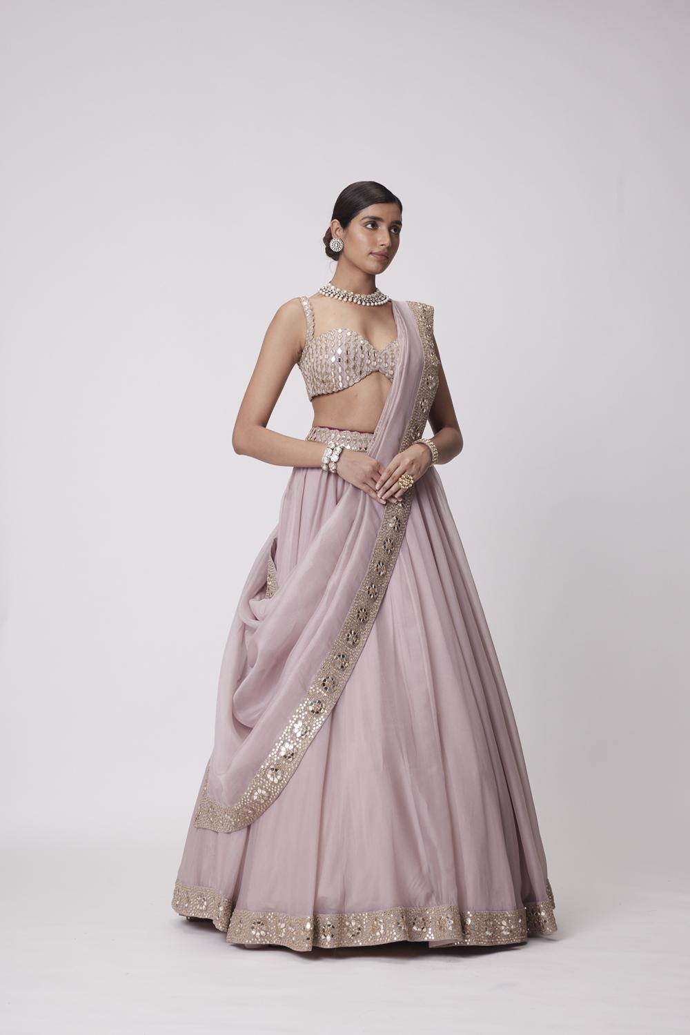 Ash Pink Mirror Hand Embroidered Lehenga Set
