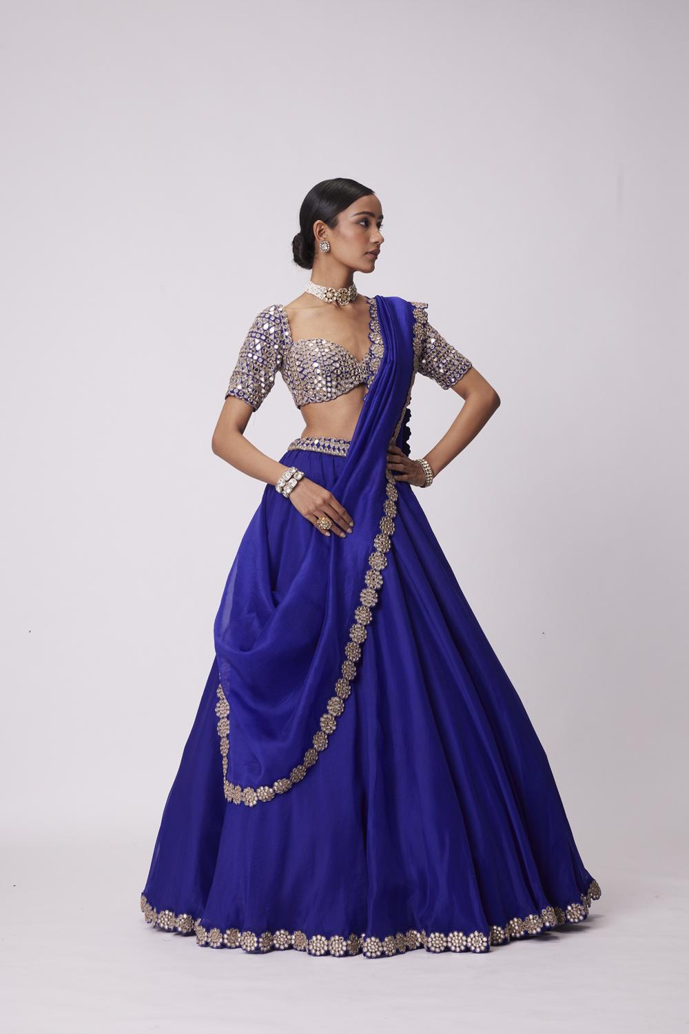 Persian Blue Organza Hand Embroidered Lehenga Set