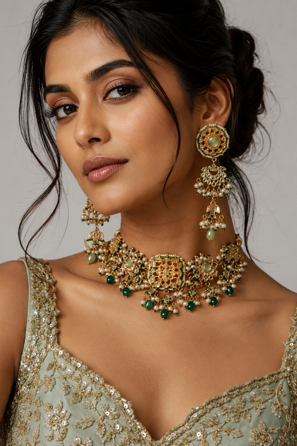 Navratna Jaipuri Kundan Choker Set with Statement Earrings