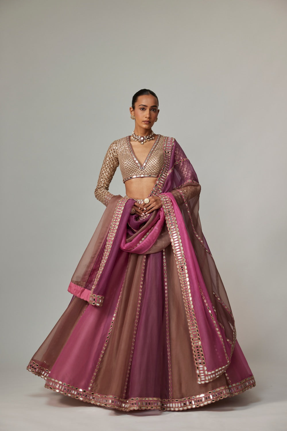 MUD MAUVE MULTICOLOR LEHENGA WITH V NECK BLOUSE