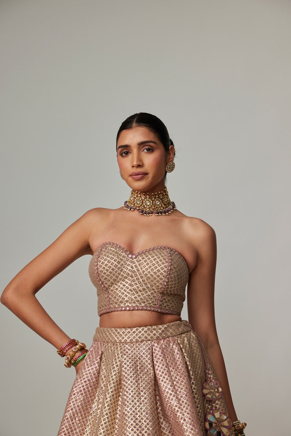 DEEP BEIGE MULTICOLOR CORSET WITH SKIRT