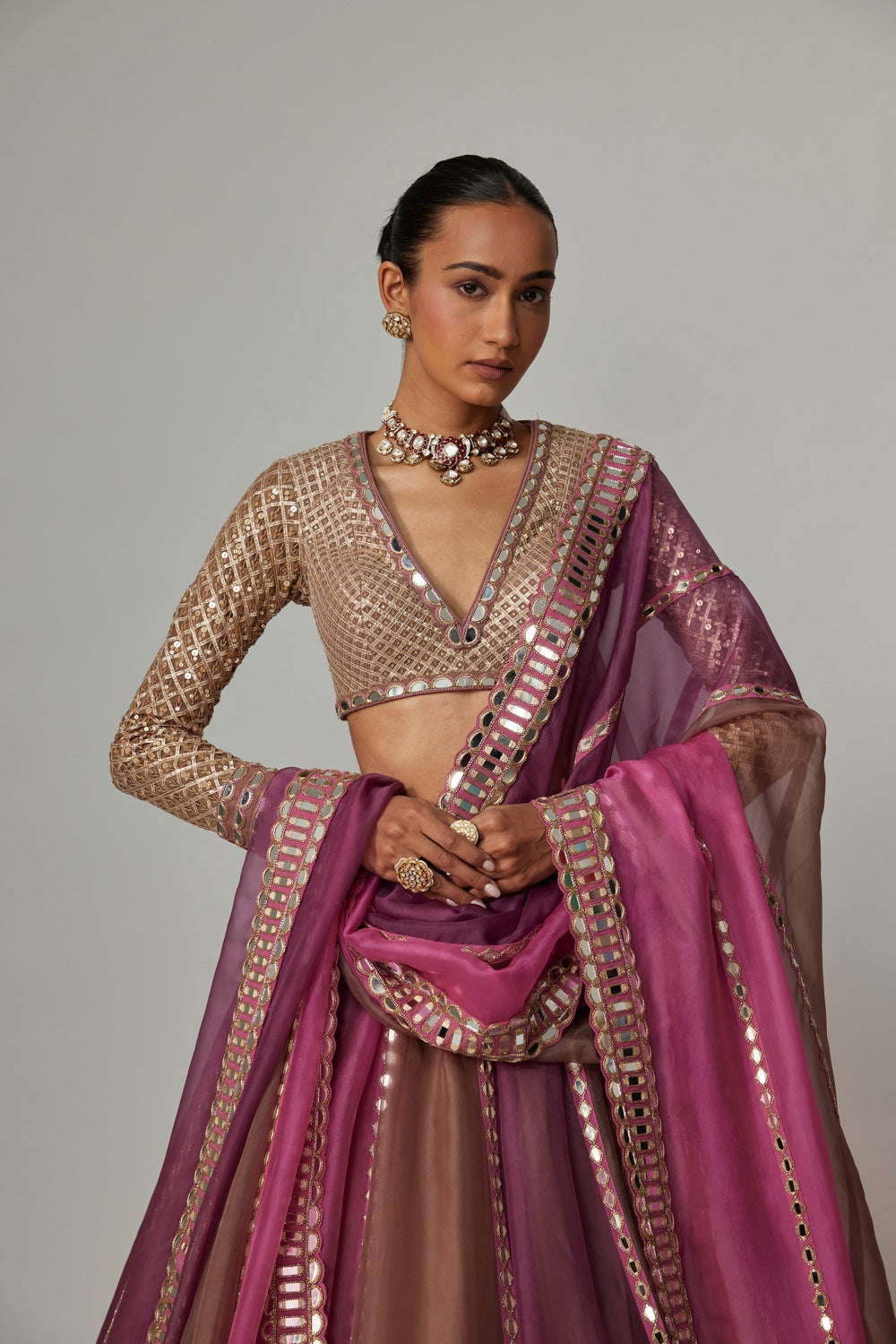 MUD MAUVE MULTICOLOR LEHENGA WITH V NECK BLOUSE