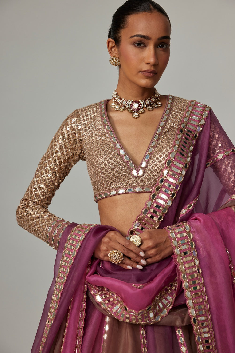 MUD MAUVE MULTICOLOR LEHENGA WITH V NECK BLOUSE