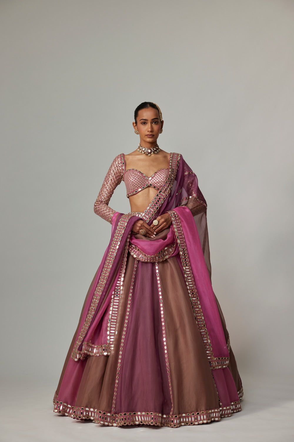 MUD MAUVE MULTICOLOR LEHENGA WITH SWEETHEART FULL SLEEVE BLOUSE
