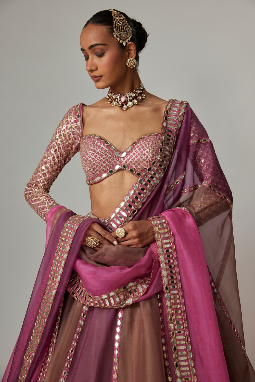 MUD MAUVE MULTICOLOR LEHENGA WITH SWEETHEART FULL SLEEVE BLOUSE