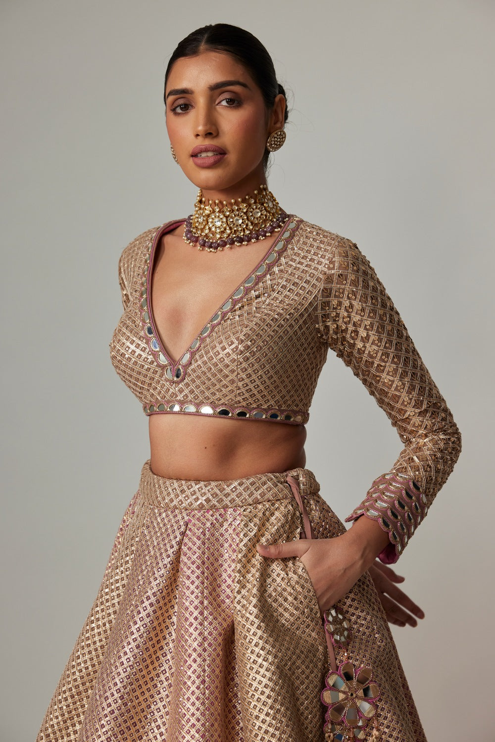 DEEP BEIGE MULTICOLOR V NECK CROP TOP WITH SKIRT