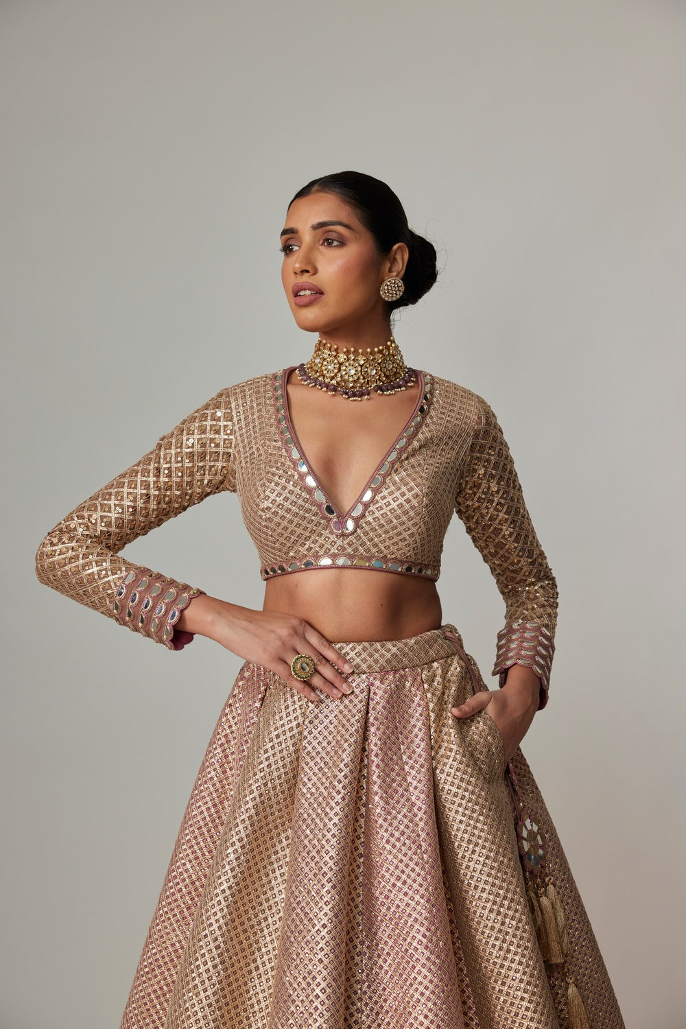 DEEP BEIGE MULTICOLOR V NECK CROP TOP WITH SKIRT