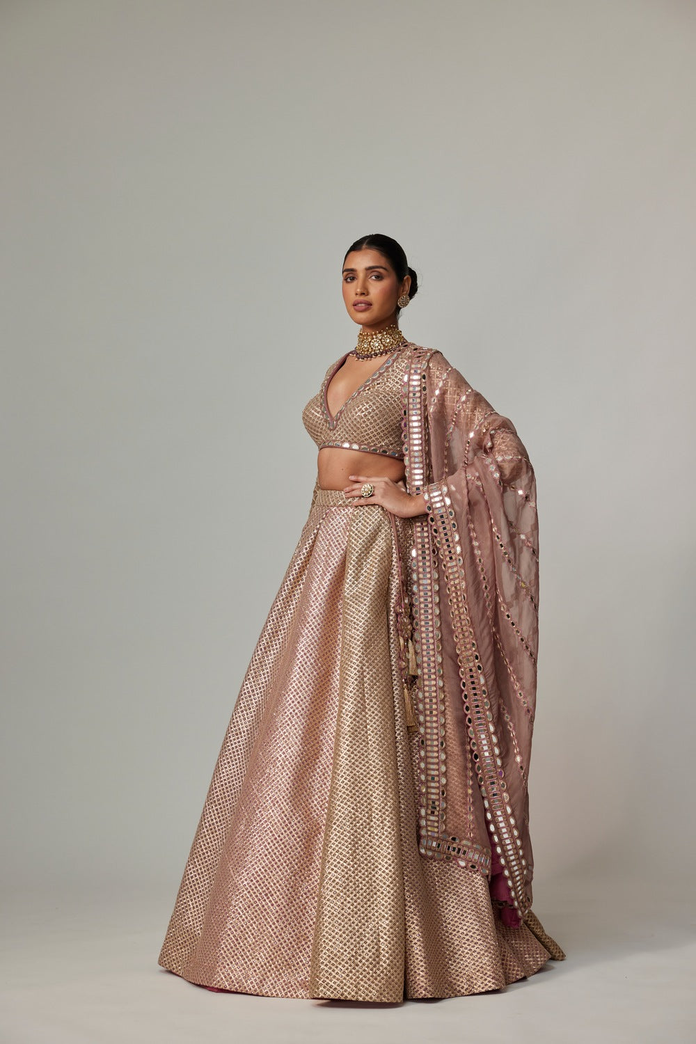 DEEP BEIGE MULTICOLOR SKIRT WITH V NECK FULL SLEEVE BLOUSE