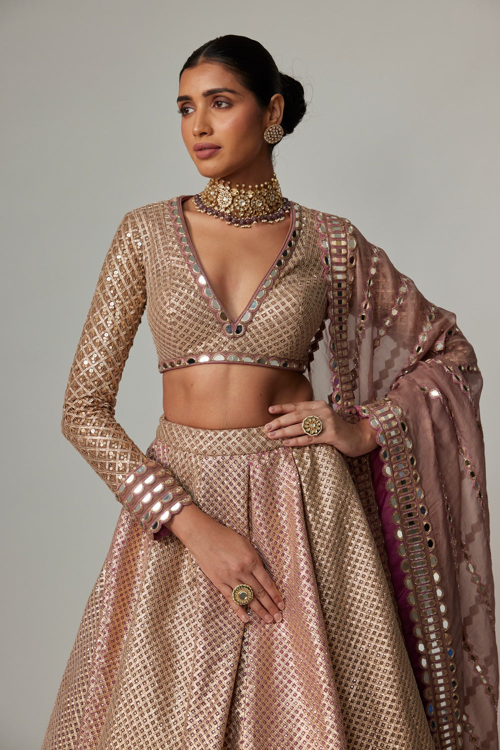 DEEP BEIGE MULTICOLOR SKIRT WITH V NECK FULL SLEEVE BLOUSE