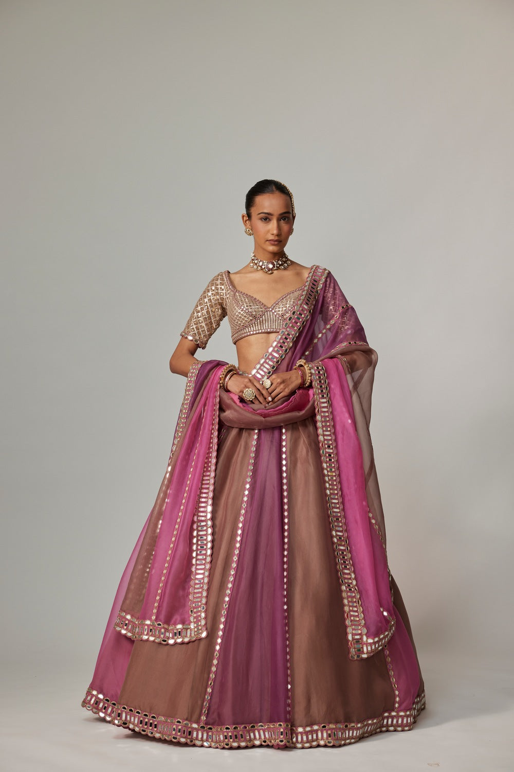 MUD MAUVE MULTICOLOR LEHENGA WITH ELBOW SLEEVE BLOUSE