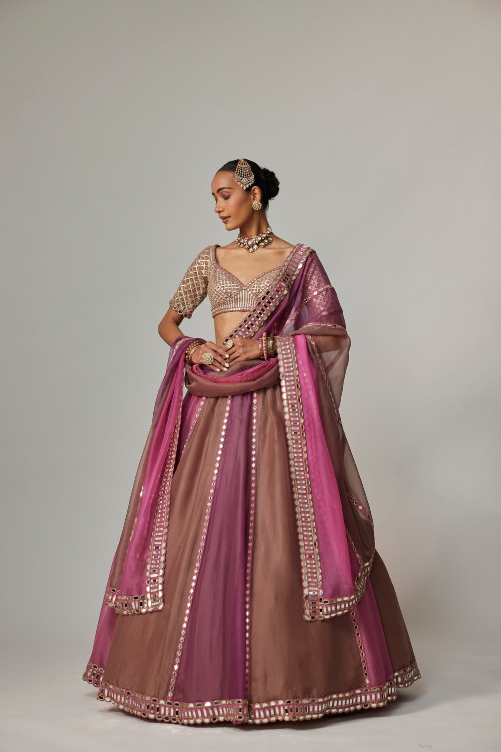 MUD MAUVE MULTICOLOR LEHENGA WITH ELBOW SLEEVE BLOUSE