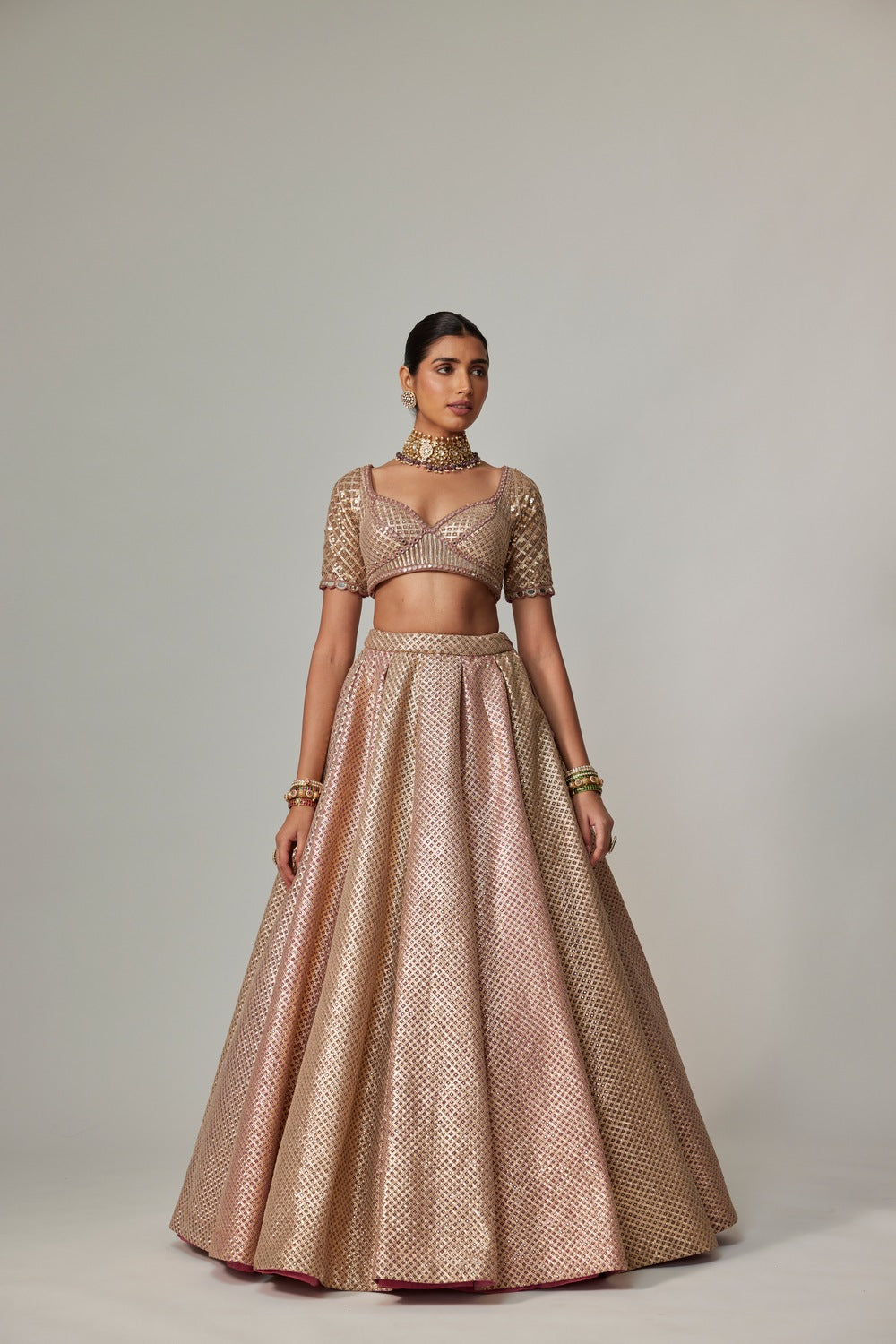 DEEP BEIGE MULTICOLOR METTALIC LEHENGA SET