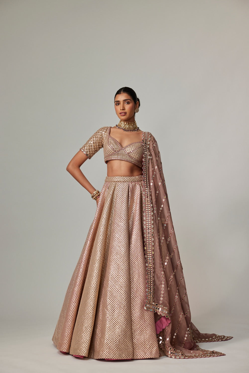 DEEP BEIGE MULTICOLOR METTALIC LEHENGA SET
