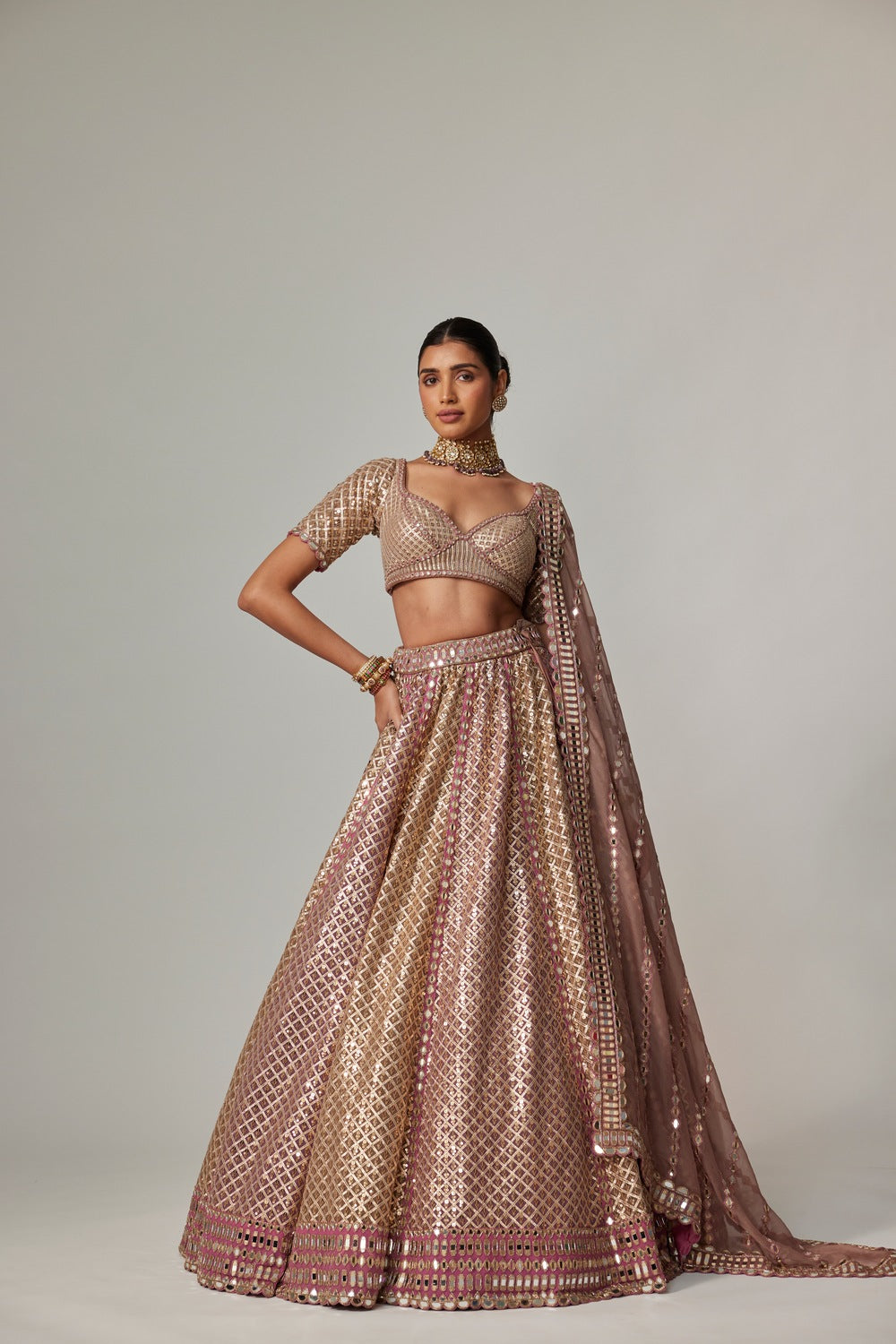 DEEP BEIGE MULTICOLOR METALLIC LEHENGA WITH ELBOW BLOUSE