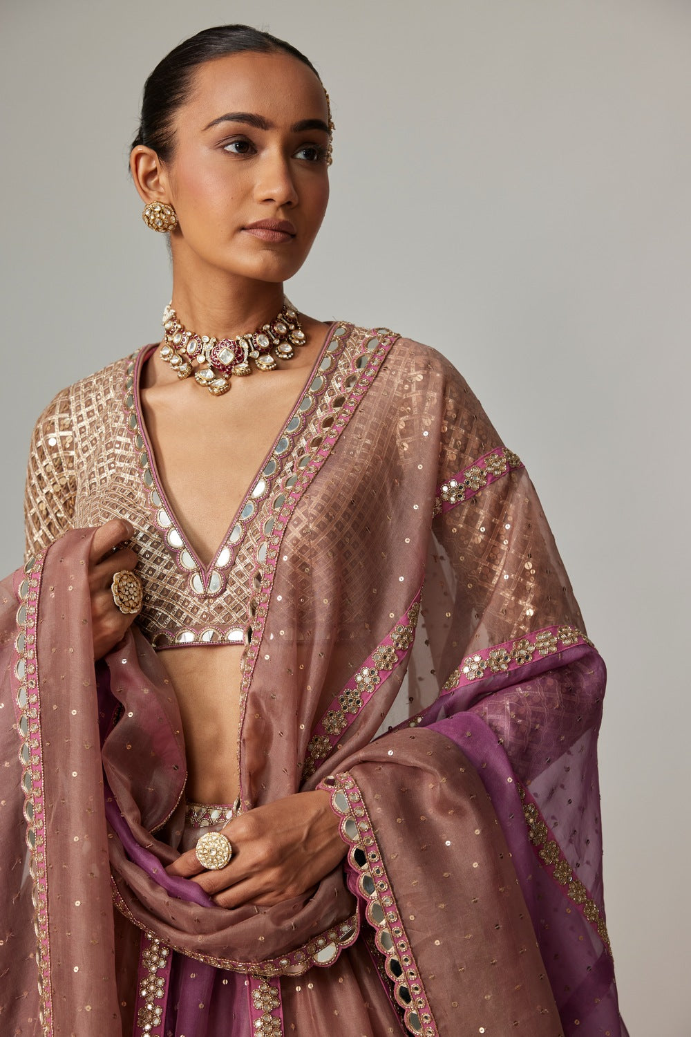 MUD MAUVE MULTICOLOR CHITA SEQUIN SCATTERED LEHENGA SET WITH V NECK FULL SLEEVES