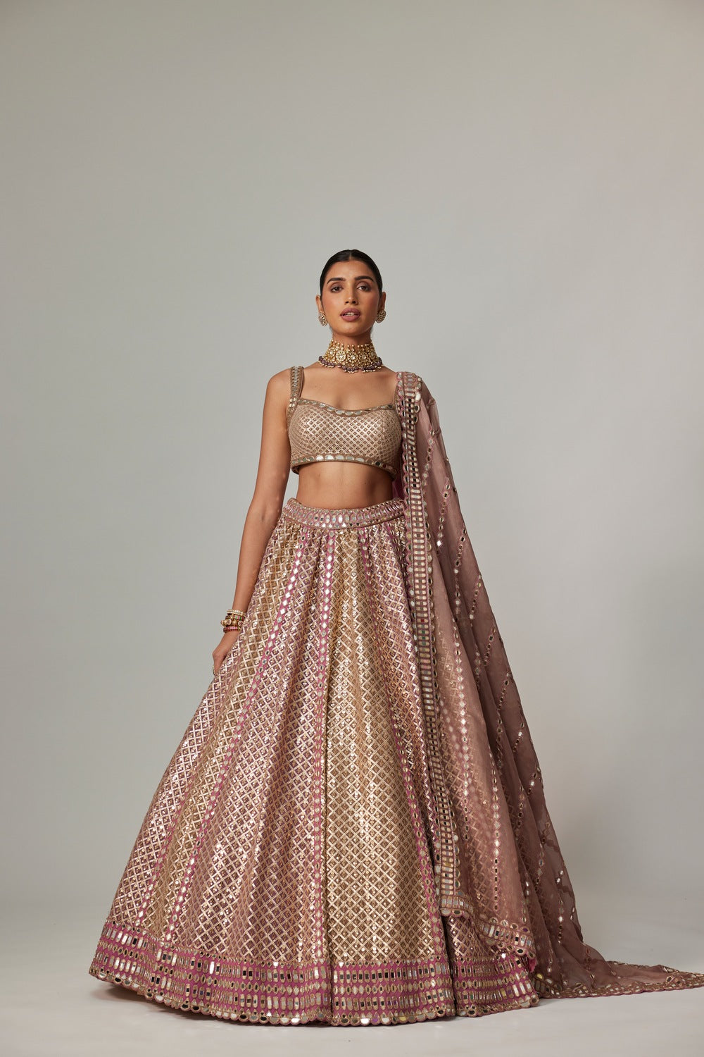 DEEP BEIGE MULTICOLOR METALLIC LEHENGA WITH SQUARE NECK BLOUSE
