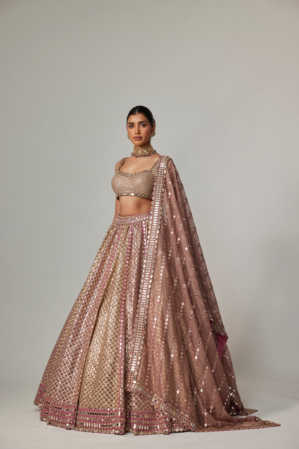 DEEP BEIGE MULTICOLOR METALLIC LEHENGA WITH SQUARE NECK BLOUSE