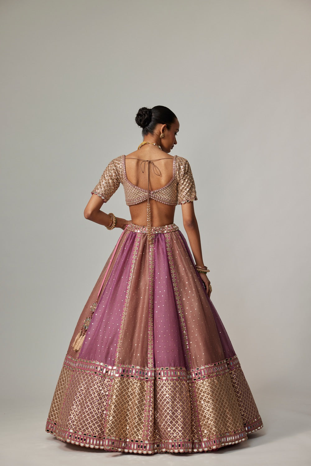 MUD MAUVE MULTICOLOR SEQUIN SCATTER LEHENGA WITH ELBOW SLEEVE BLOUSE