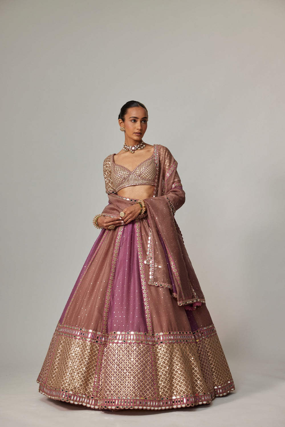 MUD MAUVE MULTICOLOR SEQUIN SCATTER LEHENGA WITH ELBOW SLEEVE BLOUSE