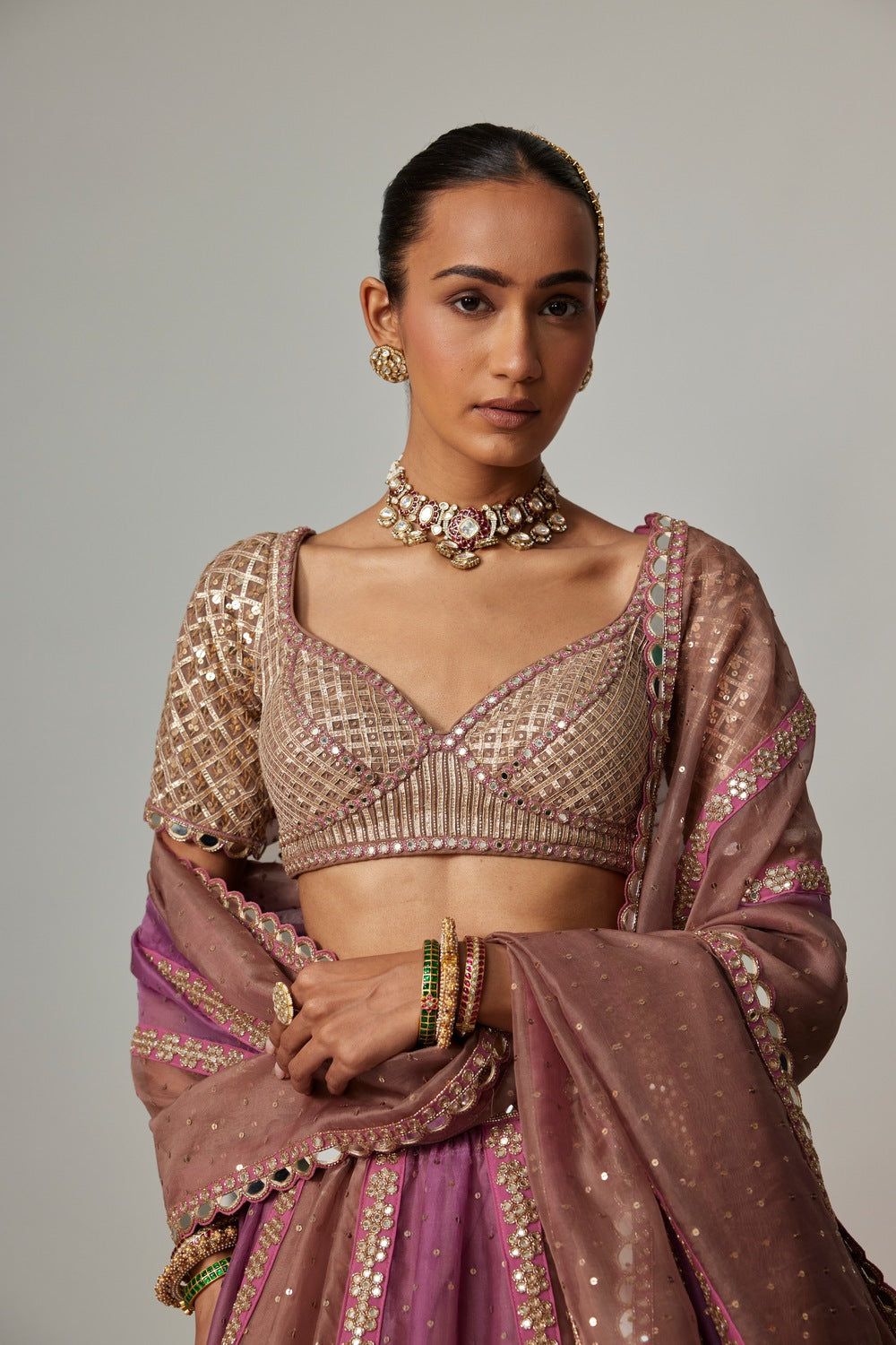 MUD MAUVE MULTICOLOR SEQUIN SCATTER LEHENGA WITH ELBOW SLEEVE BLOUSE