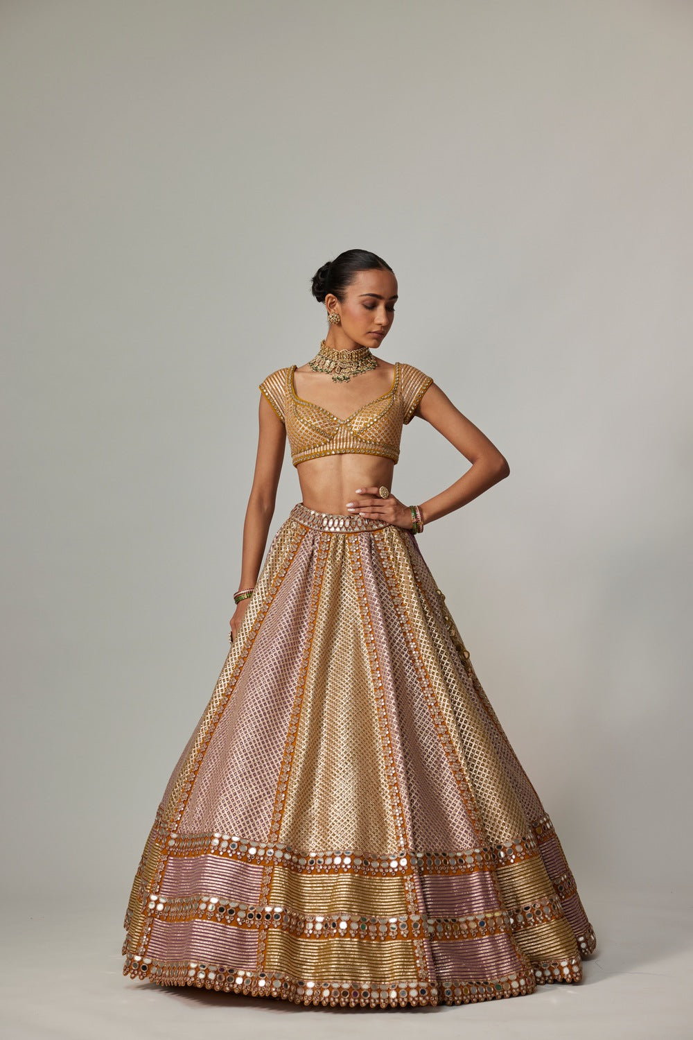 MUSTARD MULTICOLOR HEAVY METALLIC LEHENGA WITH GREEN DUPATTA