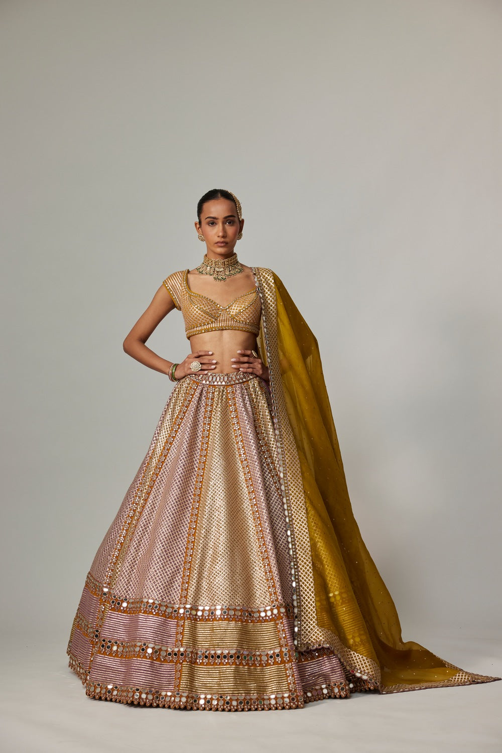 MUSTARD MULTICOLOR HEAVY METALLIC LEHENGA WITH GREEN DUPATTA