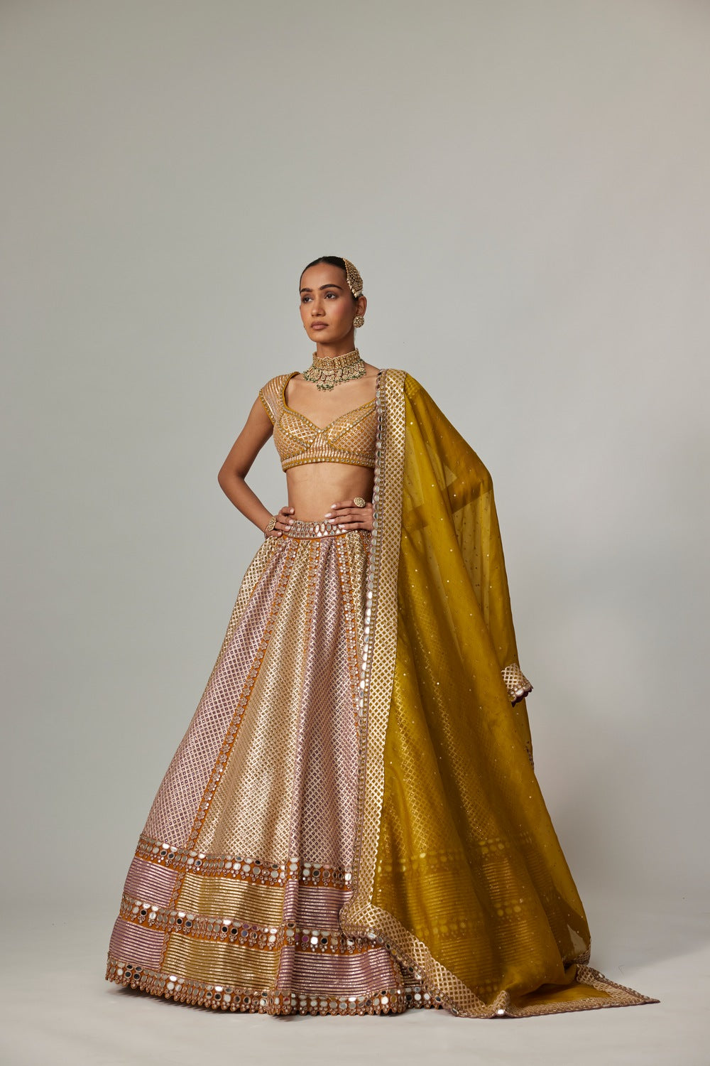 MUSTARD MULTICOLOR HEAVY METALLIC LEHENGA WITH MUD MAUVE DUPATTA