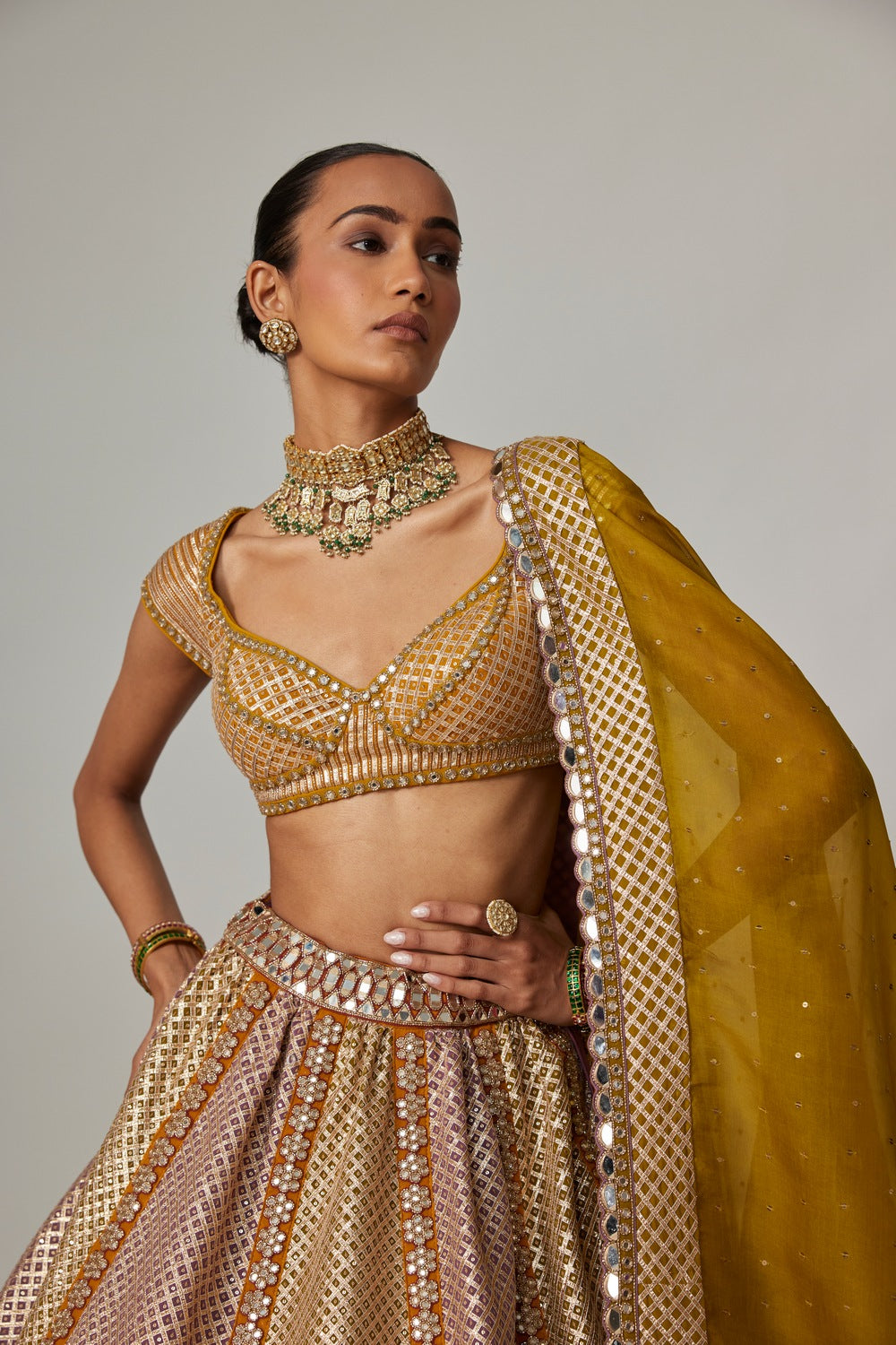 MUSTARD MULTICOLOR HEAVY METALLIC LEHENGA WITH MUD MAUVE DUPATTA