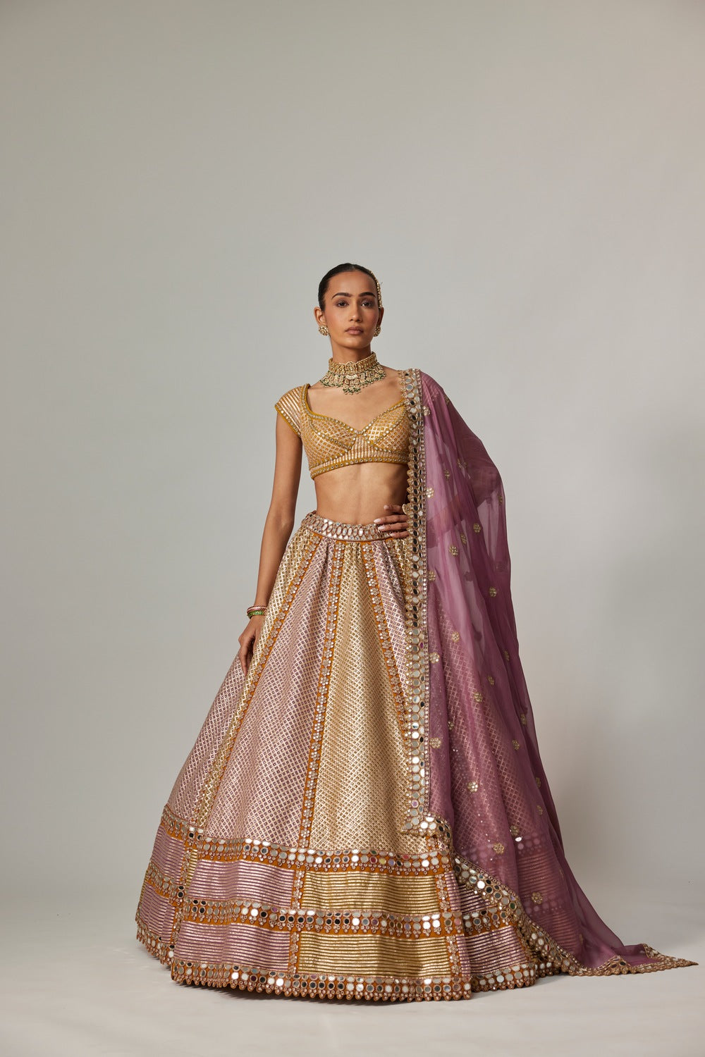 MUSTARD MULTICOLOR HEAVY METALLIC LEHENGA WITH DOUBLE DUPATTA