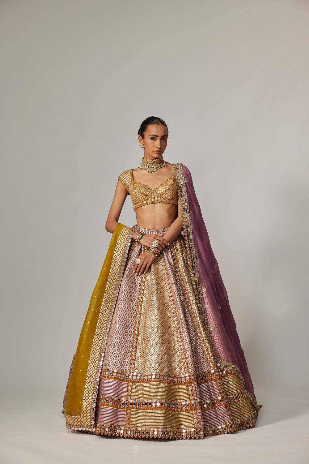 MUSTARD MULTICOLOR HEAVY METALLIC LEHENGA WITH DOUBLE DUPATTA