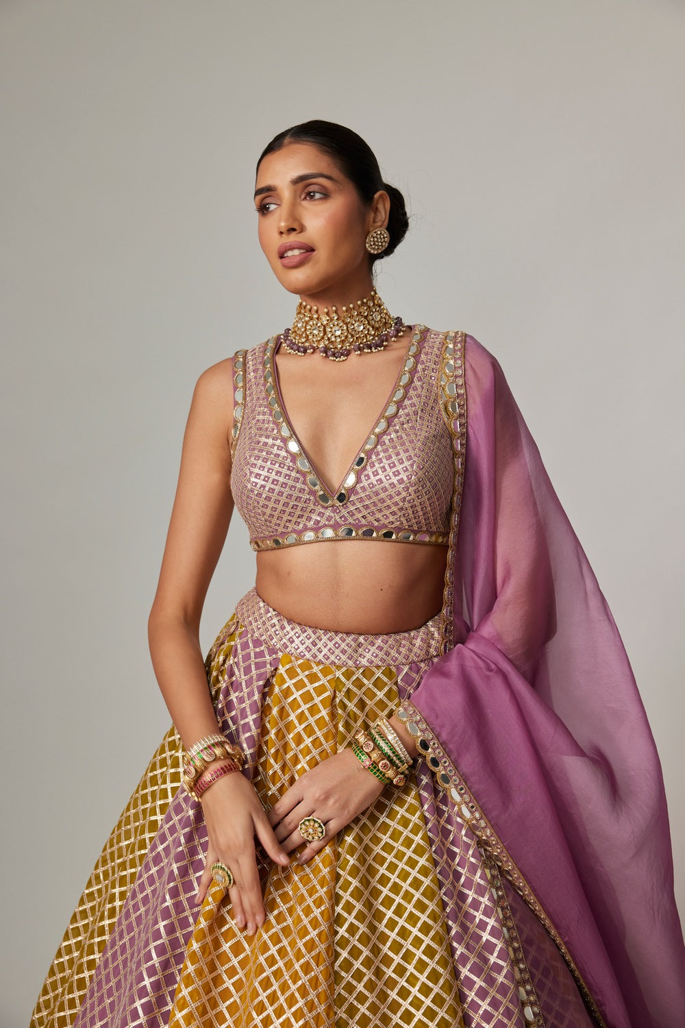 MUSTARD MULTICOLOR CROP TOP WITH DUPATTA