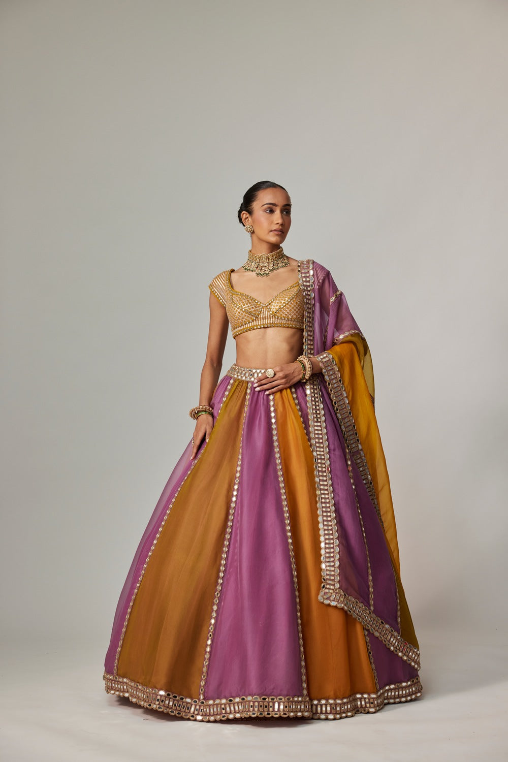 MUSTARD MULTICOLOR LINEAR LEHENGA WITH CAP SLEEVE BLOUSE
