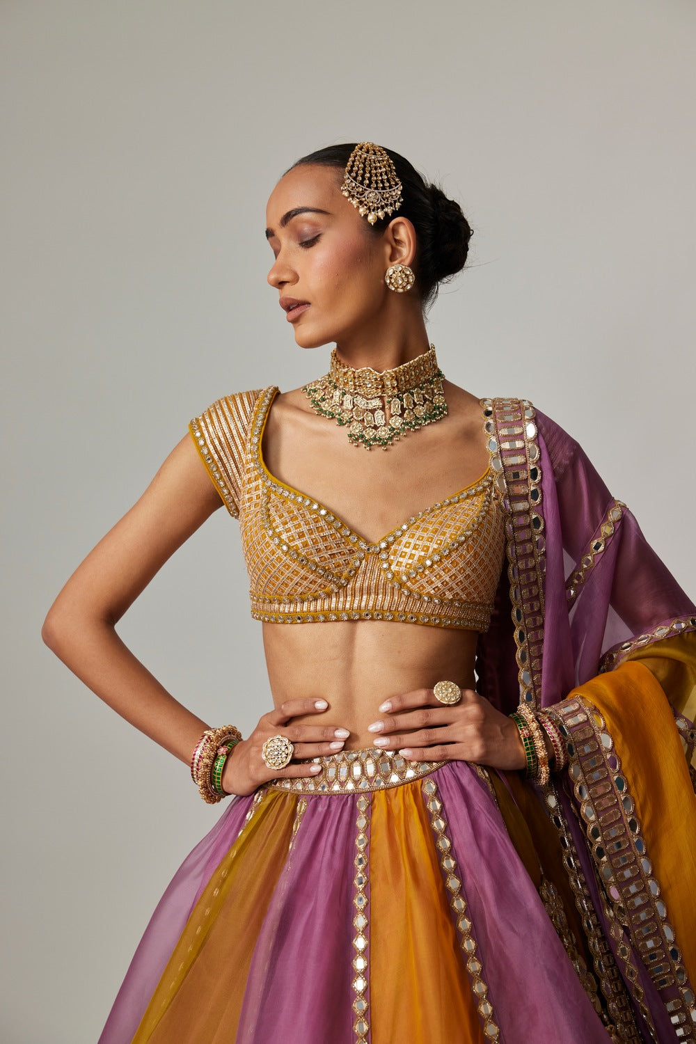 MUSTARD MULTICOLOR LINEAR LEHENGA WITH CAP SLEEVE BLOUSE