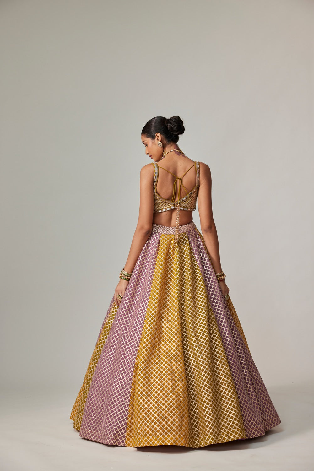 MUSTARD MULTICOLOR BIG CHECK LEHENGA SET