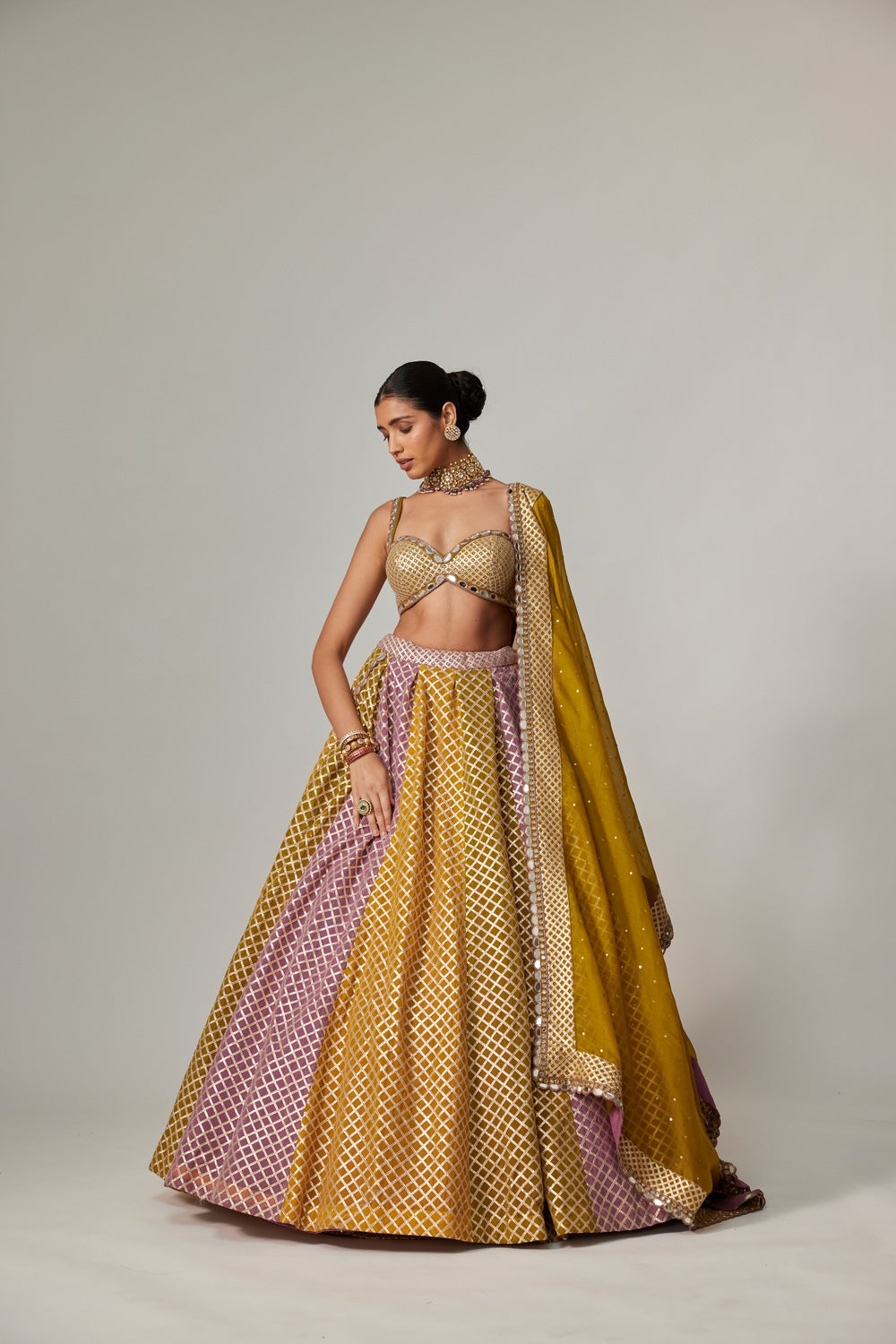 MUSTARD MULTICOLOR BIG CHECK LEHENGA SET