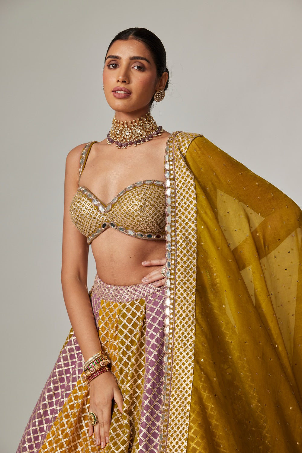 MUSTARD MULTICOLOR BIG CHECK LEHENGA SET