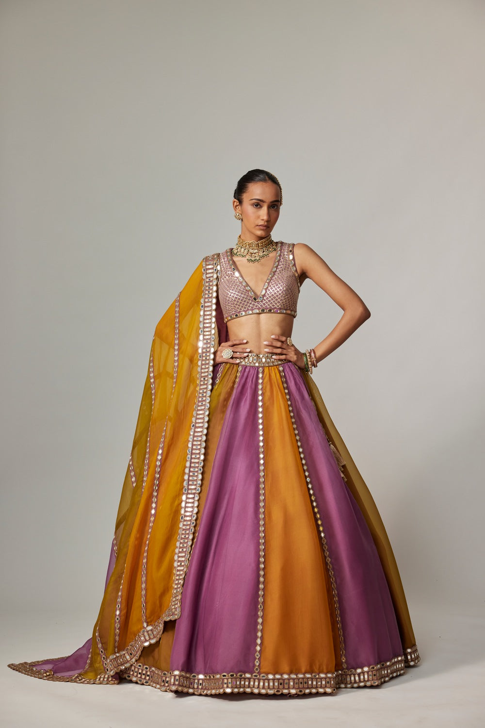 MUSTARD MULTICOLOR LINEAR LEHENGA WITH V NECK BLOUSE