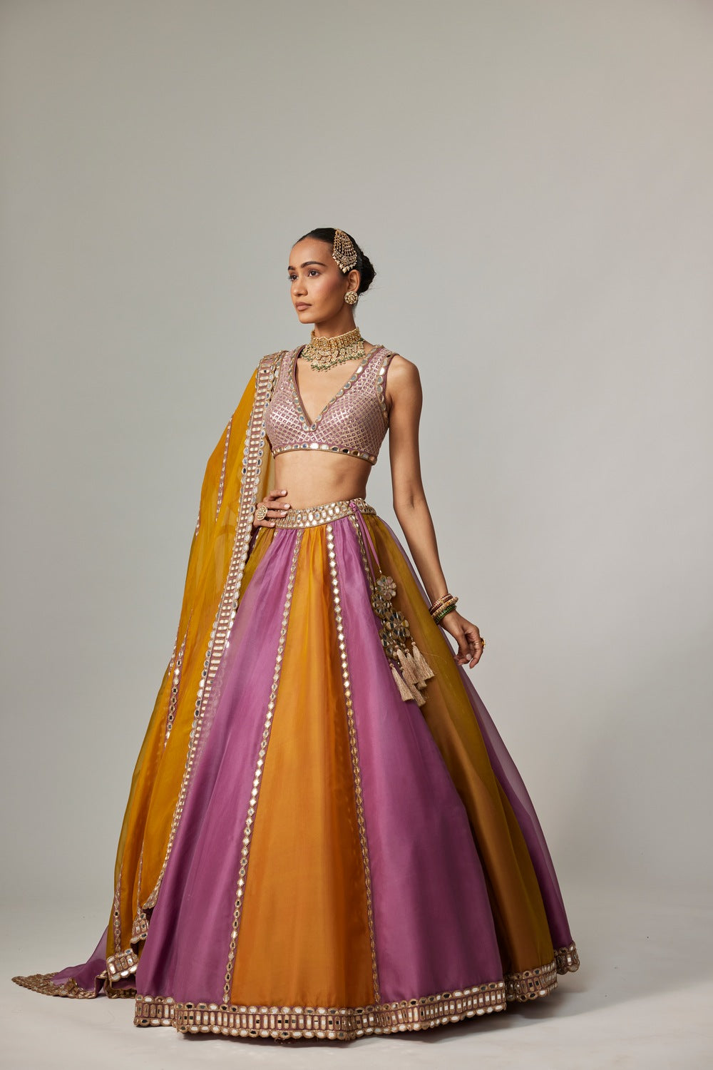MUSTARD MULTICOLOR LINEAR LEHENGA WITH V NECK BLOUSE