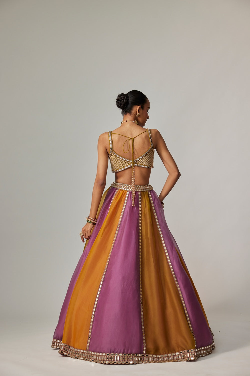 MUSTARD MULTICOLOR LINEAR LEHENGA WITH SWEETHEART NECK BLOUSE