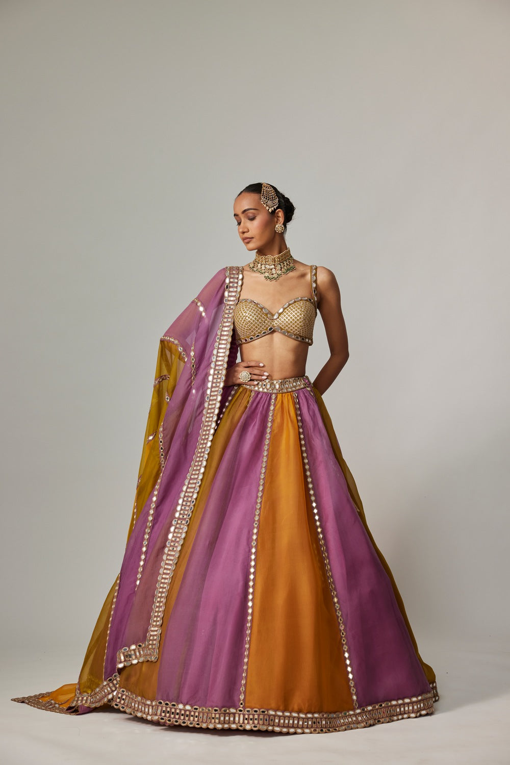 MUSTARD MULTICOLOR LINEAR LEHENGA WITH SWEETHEART NECK BLOUSE