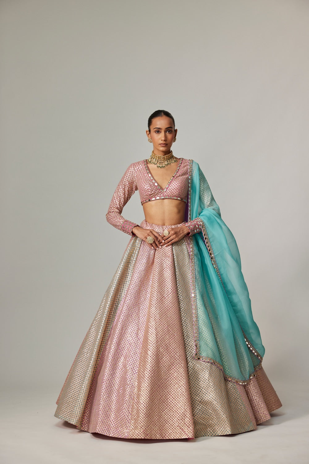 DARK BLUSH MULTICOLOR METALLIC GOTA CROP TOP SKIRT WITH AQUA DUPATTA